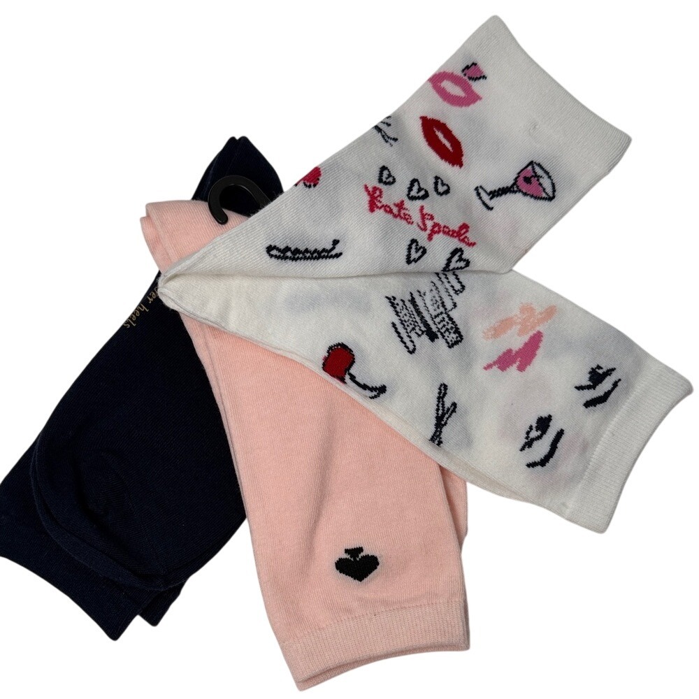 Kate Spade New York Womens 3 Pack Crew Socks Navy Pink White Martini Lipstick NW